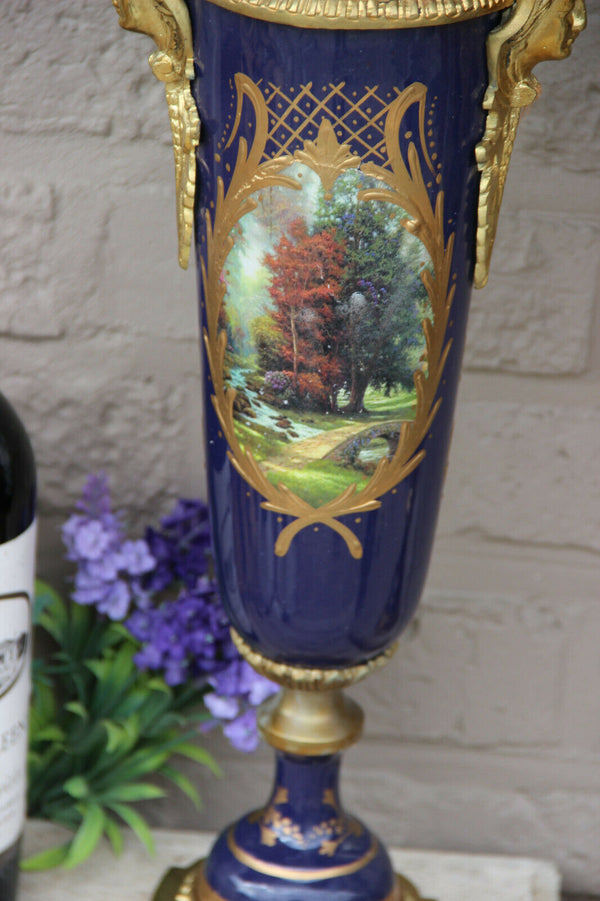 XL pair French limoges porcelain romantic scene caryatid heads Vases