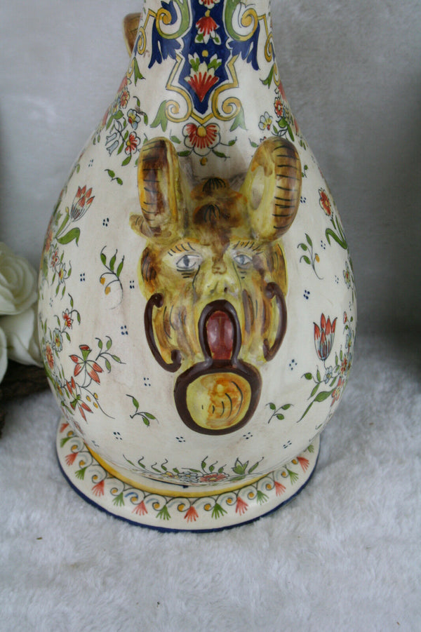 Antique French Rouen Flask 19thc marked floral Satyr devil heads faience