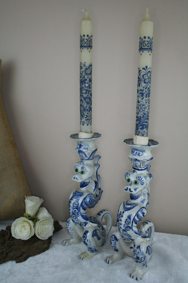 PAIR 1930 Delft pottery marked Dragon gothic candle holders rare special pcs