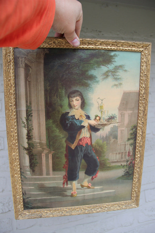 PAIR antique 19thc Chromo Litho Waiter waitress castle aristocratic framed