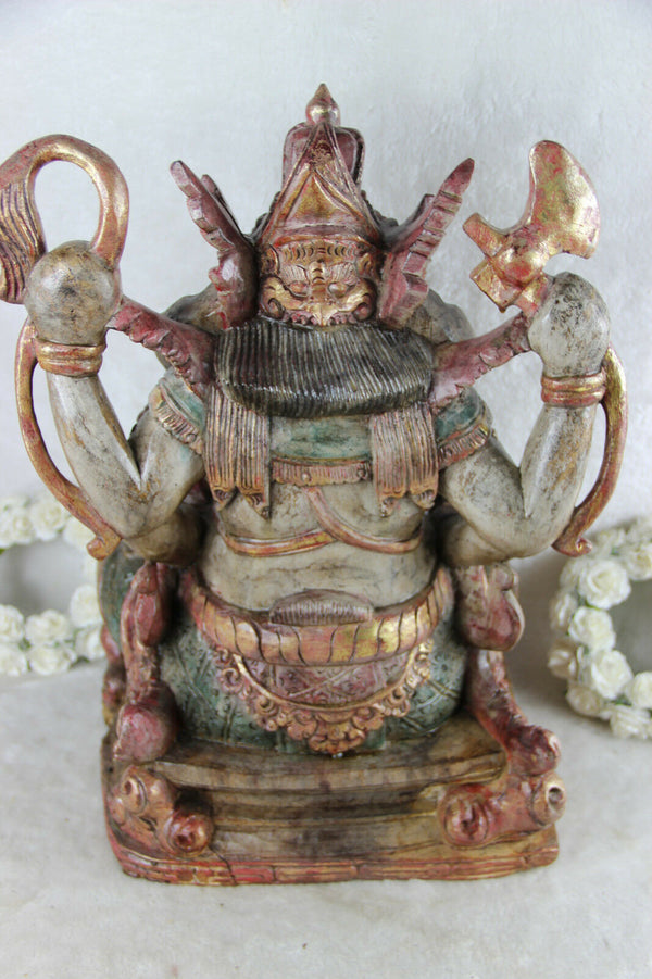 RareLarge Antique Wood carved polychrome GANESHA figurine statue god hindu