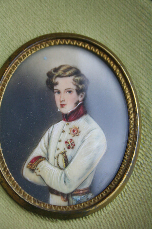 French 1900 Napoleon son duke officer military Miniature portrait painting signe
