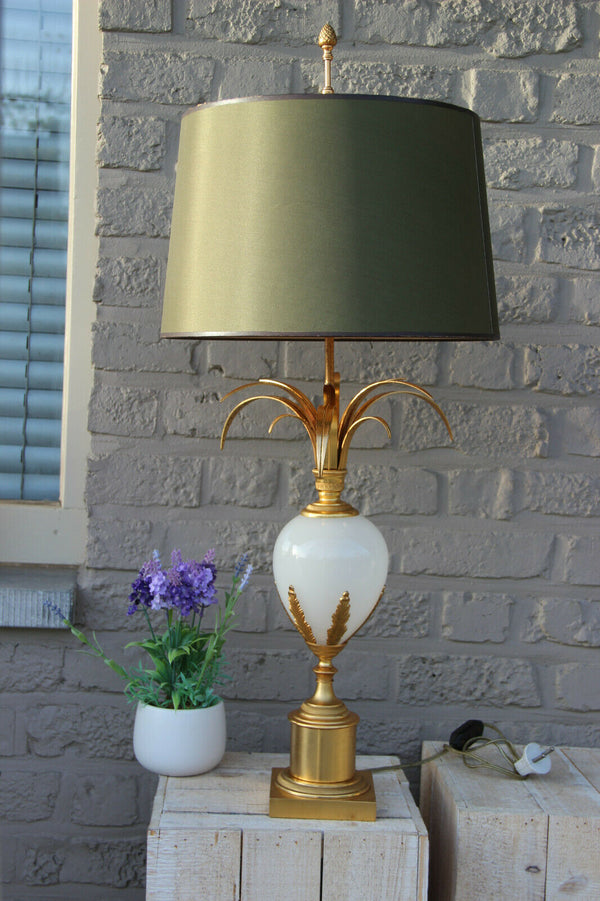 Mid century Brass opaline pineapple Leaf Table lamp attr Maison JANSEN 1960