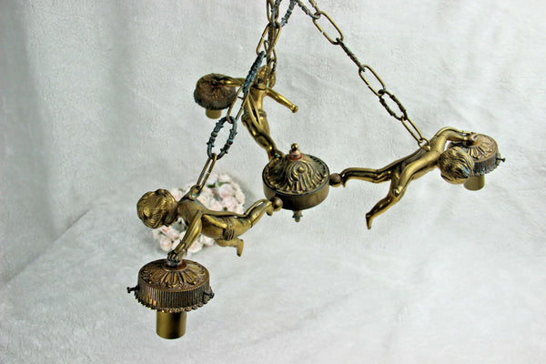 French Angel putti cherubs 3 arms chandelier pendant bronze 1960