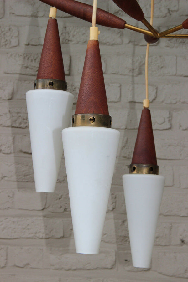 Mid century Retro Scandinavian teak wood glass pendant chandelier Louis Kalff