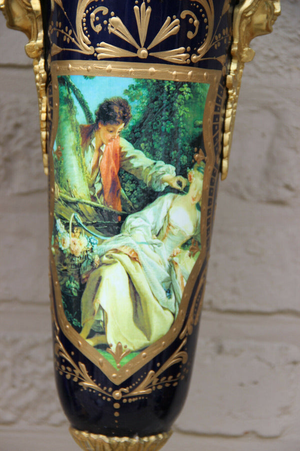 XL pair French limoges porcelain romantic scene caryatid heads Vases