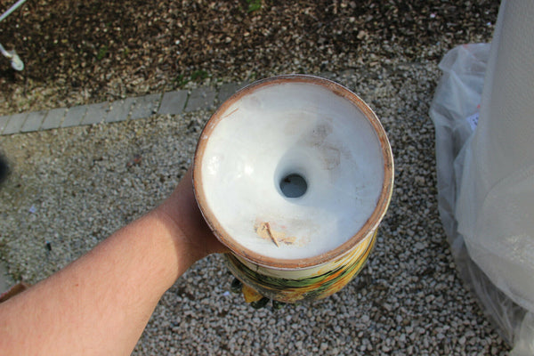 LARGE antique Italian majolica Satyr heads snakes handles hand paint vase