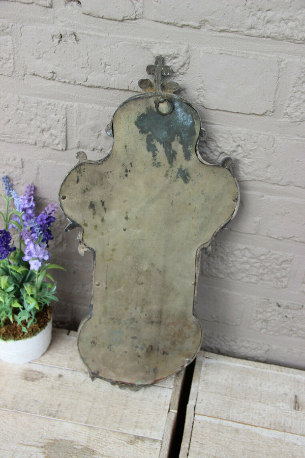 Antique French bronze wood inlaid putti head crucifix holy water font religious