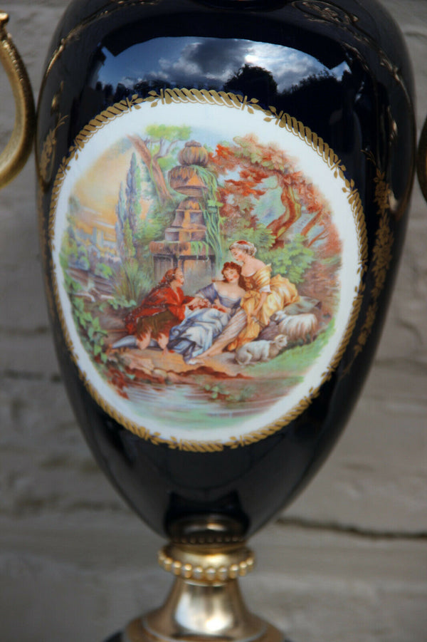 PAIR XL French cobalt blue limoges porcelain Vases victorian romantic decor