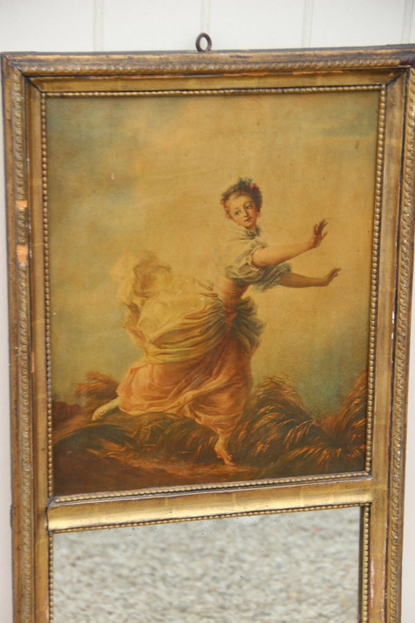 Antique French Trumeau mirror wood stucco litho victorian lady after Boucher