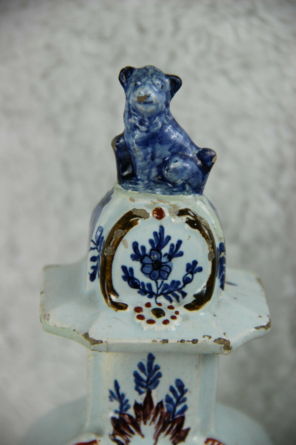 PAIR 18thc antique DELFT pottery chinoiserie foo dog lid vases marked