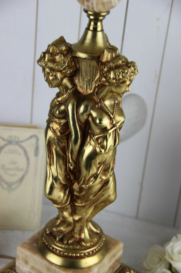 Huge Vintage 1960 French brass onyx Table lamp 3 Graces lady figurines