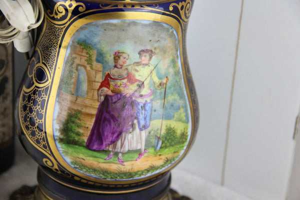 Antique French Limoges blue porcelain oil petrol lamp romantic scene floral