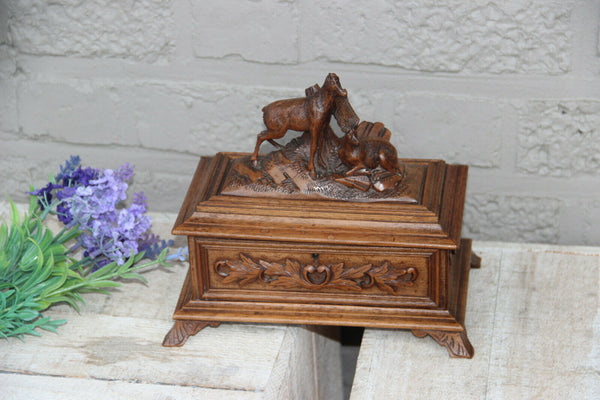 Antique Black forest Swiss wood carved box jewelry trinket 19th c deer animal