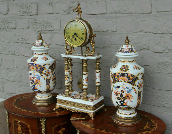 Vintage French Limoges porcelain floral clock set vases putti 1960