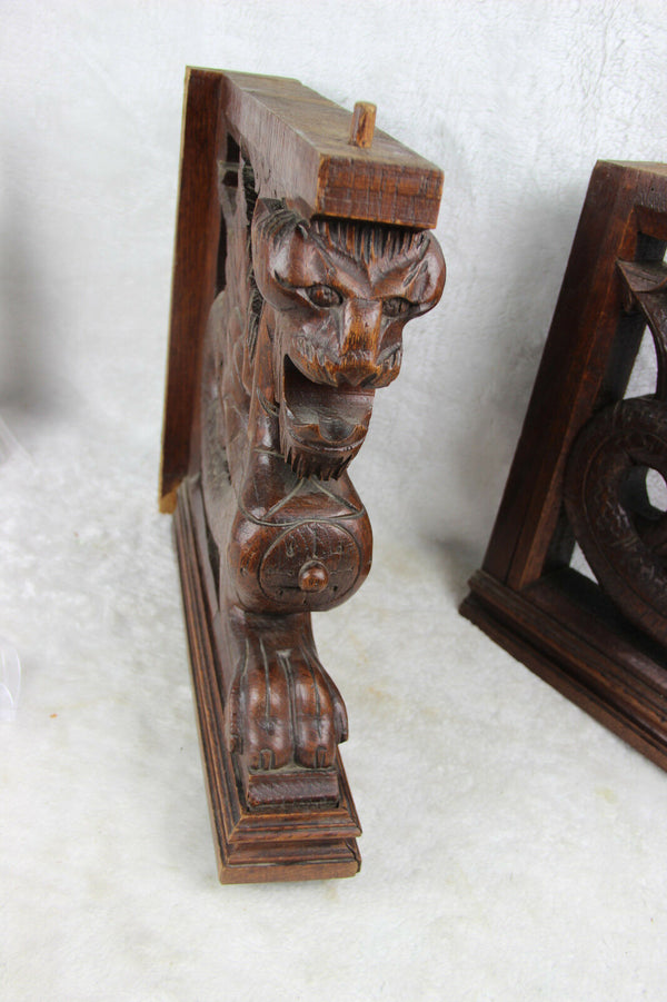 PAIR large gothic dragon Griffin wood carved statue figurines hunting cabinet