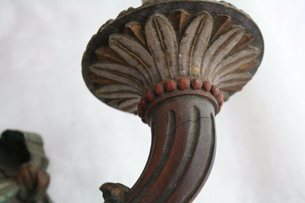 PAIR rare italian wood carved polychrome 1920 Sconces wall lights 2 arms
