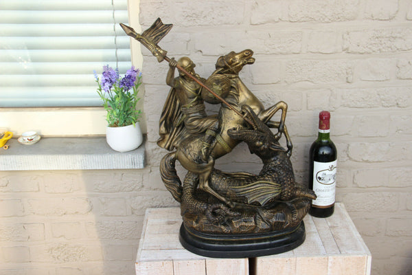 Antique XL French Group Terracotta Saint George Dragon Statue religious