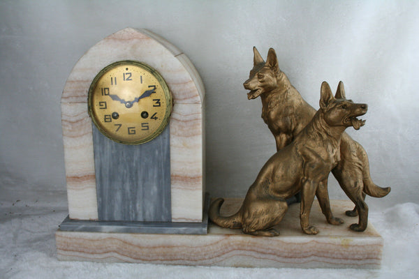 XL Heavy Marble French ART DECO 1930 Clock with spelter sheep dog couple