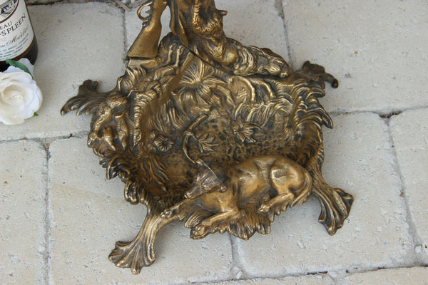 French vintage 1950 Bronze umbrella stand holder hunt trophy rabbit dog horn