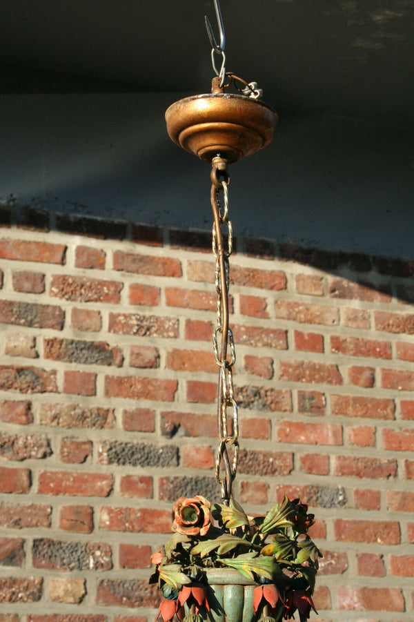 Unusual 1960 stunning Italian Wood / metal polychrome flowers chandelier