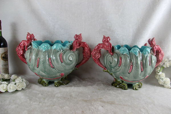 PAIR French art nouveau barbotine majolica Caryatid lion head palnter jardiniere