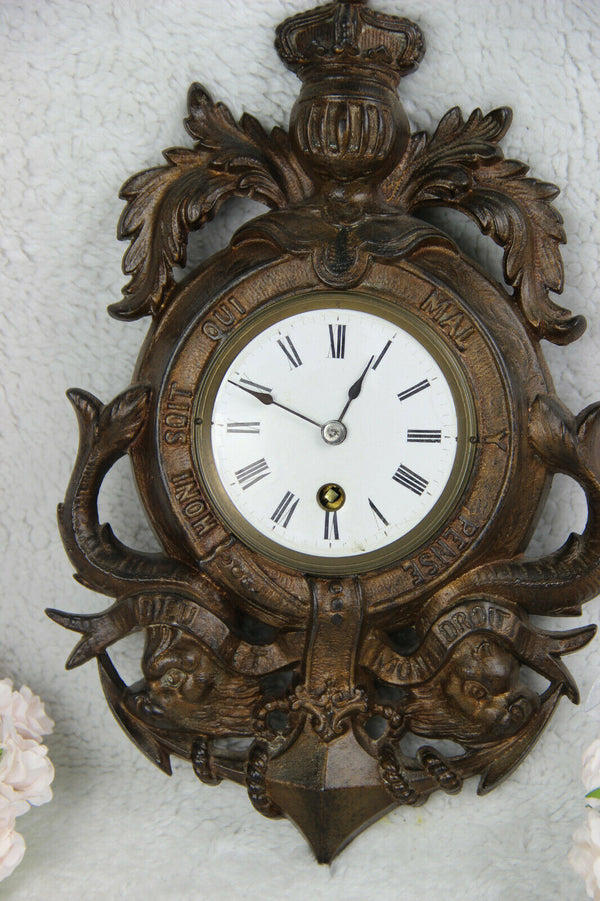 Vintage French spelter bronze anchor dolphin fish knight wall clock rare
