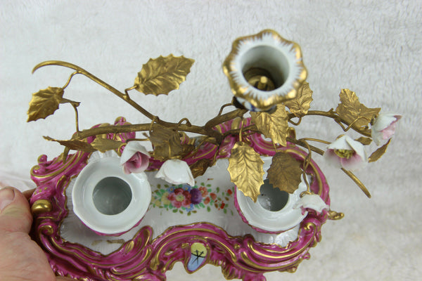 French pink inkwell majolica flowers sevres porcelain marked 1950s