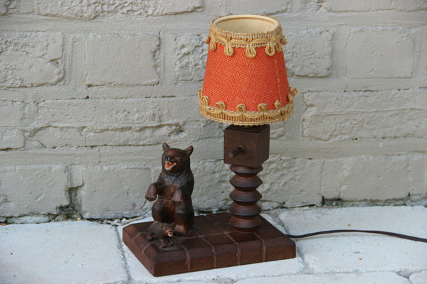 Antique black Forest Wood carved Bear mom Baby Table lamp German 1920s