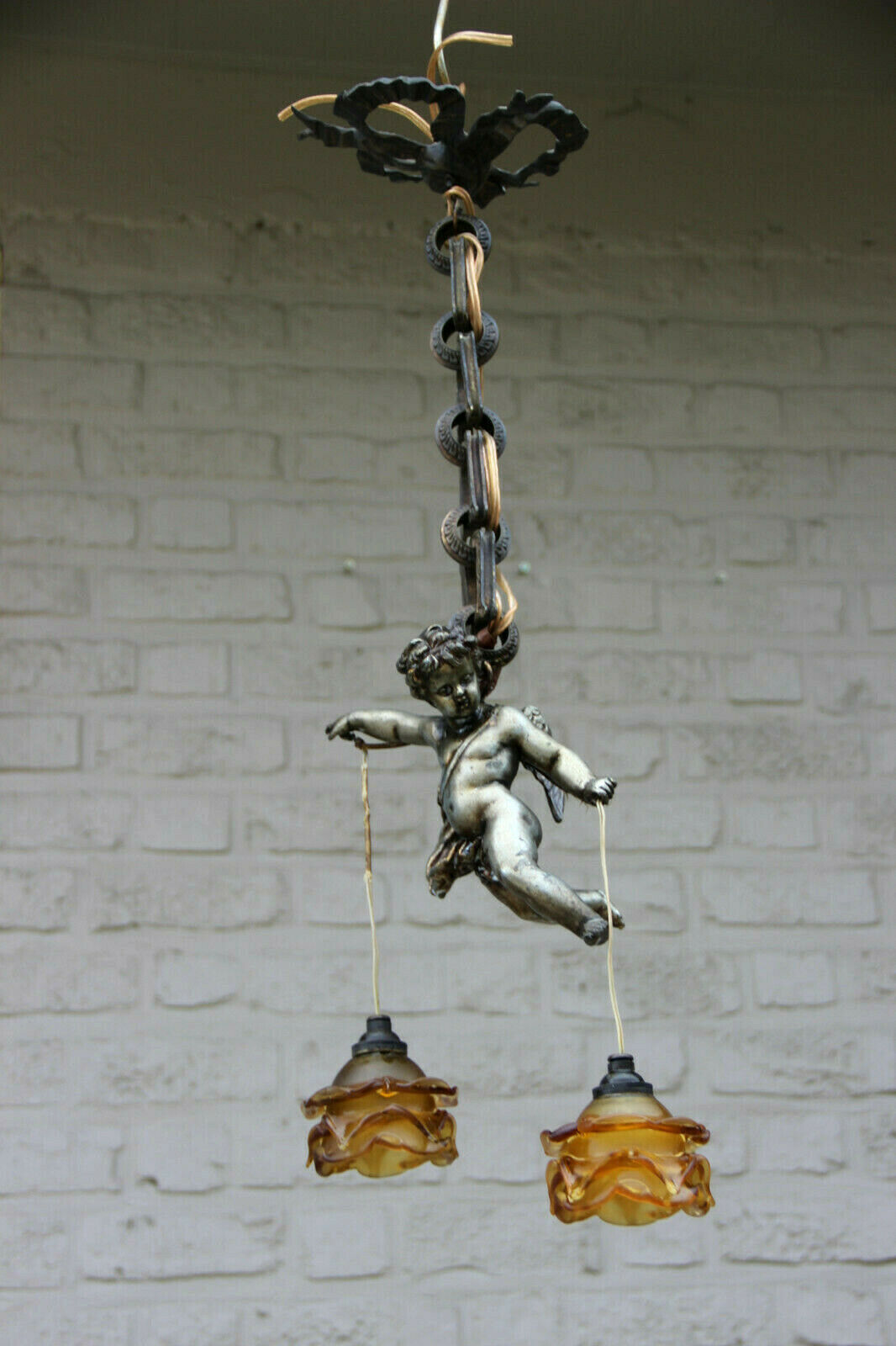 Superb antique parisian bronze putti angel pendant lantern chandelier
