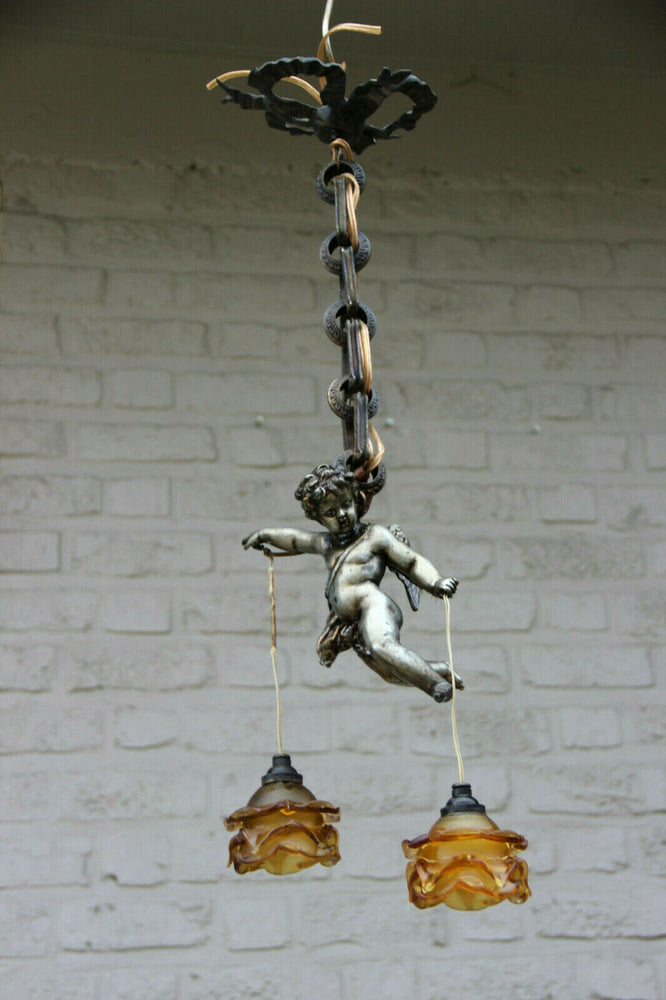 Superb antique parisian bronze putti angel pendant lantern chandelier