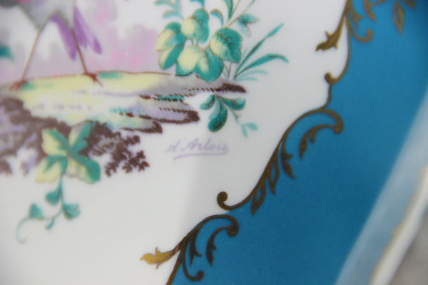 Pair French Limoges porcelain marked Vases Birds decor turquoise blue