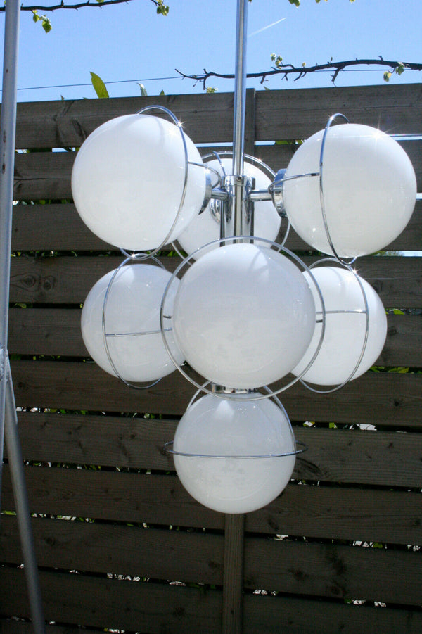 RETRO 70's Sputnik atomic Chandelier opaline glass globes chrome mid century