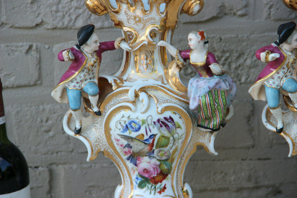 PAIR XL French vieux paris porcelain vases figurines birds floral Attr. petit
