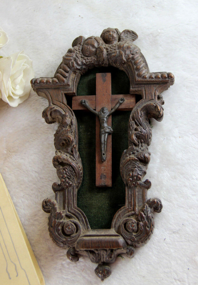 1800 Antique french wood carved Jansenist Christ Curicifix wall plaque putti