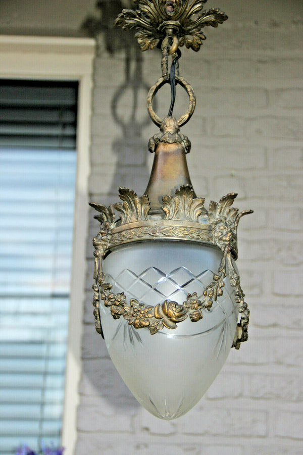 Antique French Chandelier Lantern Lion heads crystal glass shade