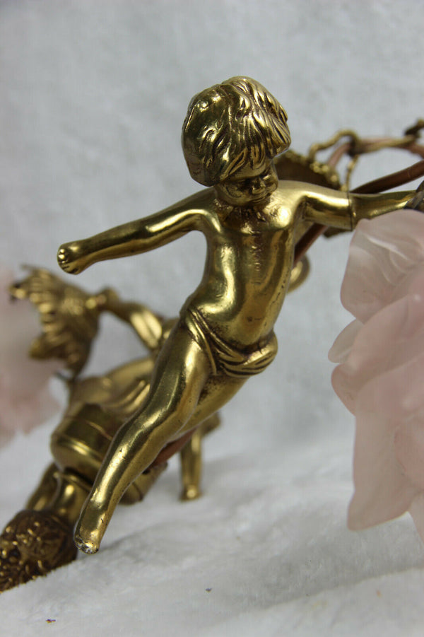 Antique French brass 2 putti cherub arms chandelier pendant pink glass shade