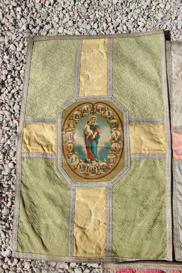 Antique set 3 French Religious catholic procession banner
