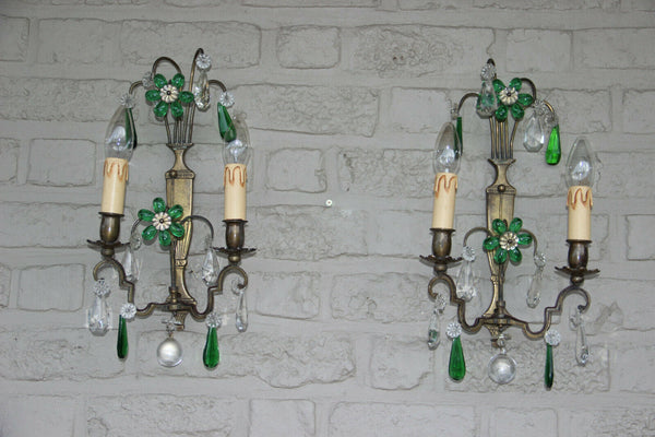 PAIR mid century Maison Bagues daisy flower glass drops sconces wall lights 1960
