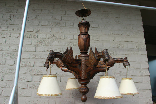 Antique french black forest wood carved gothic castle dragon chandelier
