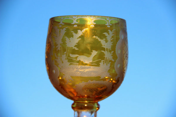 Antique Set 4 Bohemia yellow Crystal glass glasses deer hunting theme
