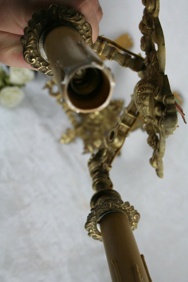 Pair French Bronze brass putti cherub angel heads wall sconces lights 1930