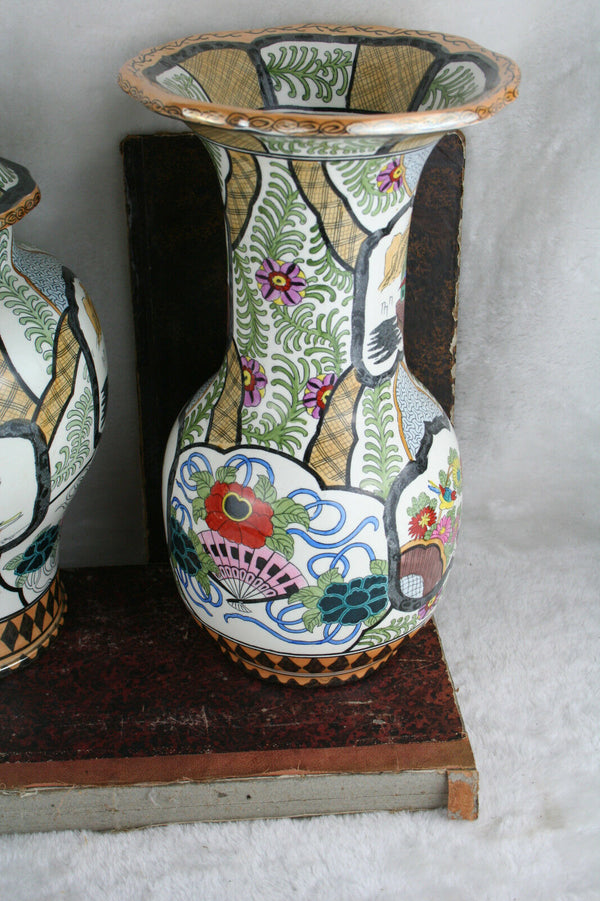 Set 3 pottery Petrus regout Vases Set birds floral decor marked Delft decor