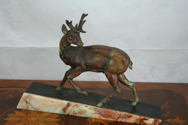 ART DECO French 1930 Deer hunt spelter bronze patina marble base