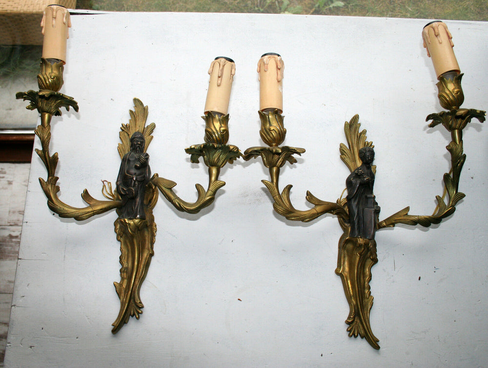 Unusual PAIR Bronze Japanese vtg sconces wall lights bronze figurines geisha man