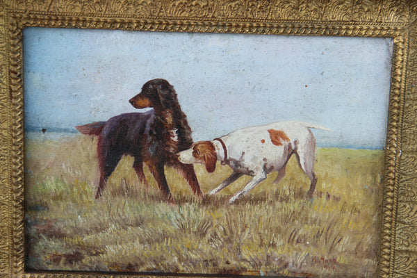 PAIR Antique oil canvas paintings hunting dogs field signed 1914