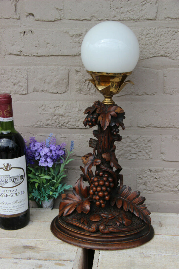 Rare Antique Swiss black forest wood carved table lamp Grape tree floral
