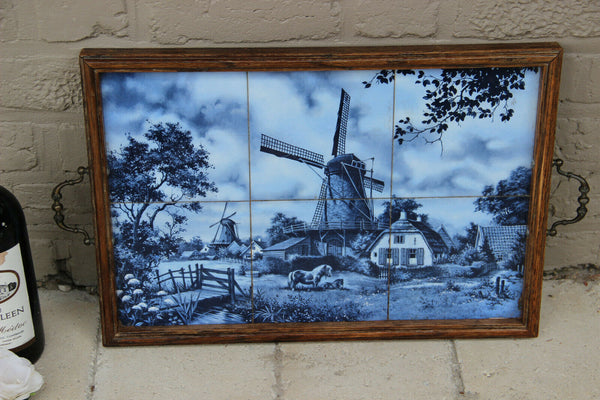 Vintage DELFT Blue white pottery tiles landscape scene serving tray plate