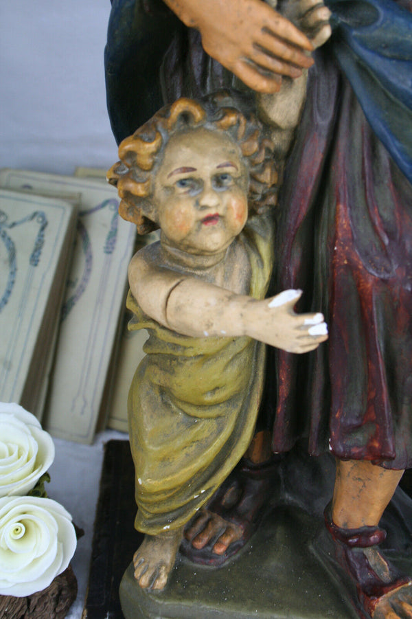 French XL 1900 Plaster Religious Jesus Christ child polychrome statue figurine