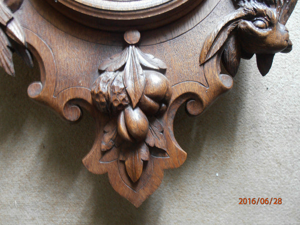 Antique Black forest wood carved hunting trophy clock fish rabbit dog 1900